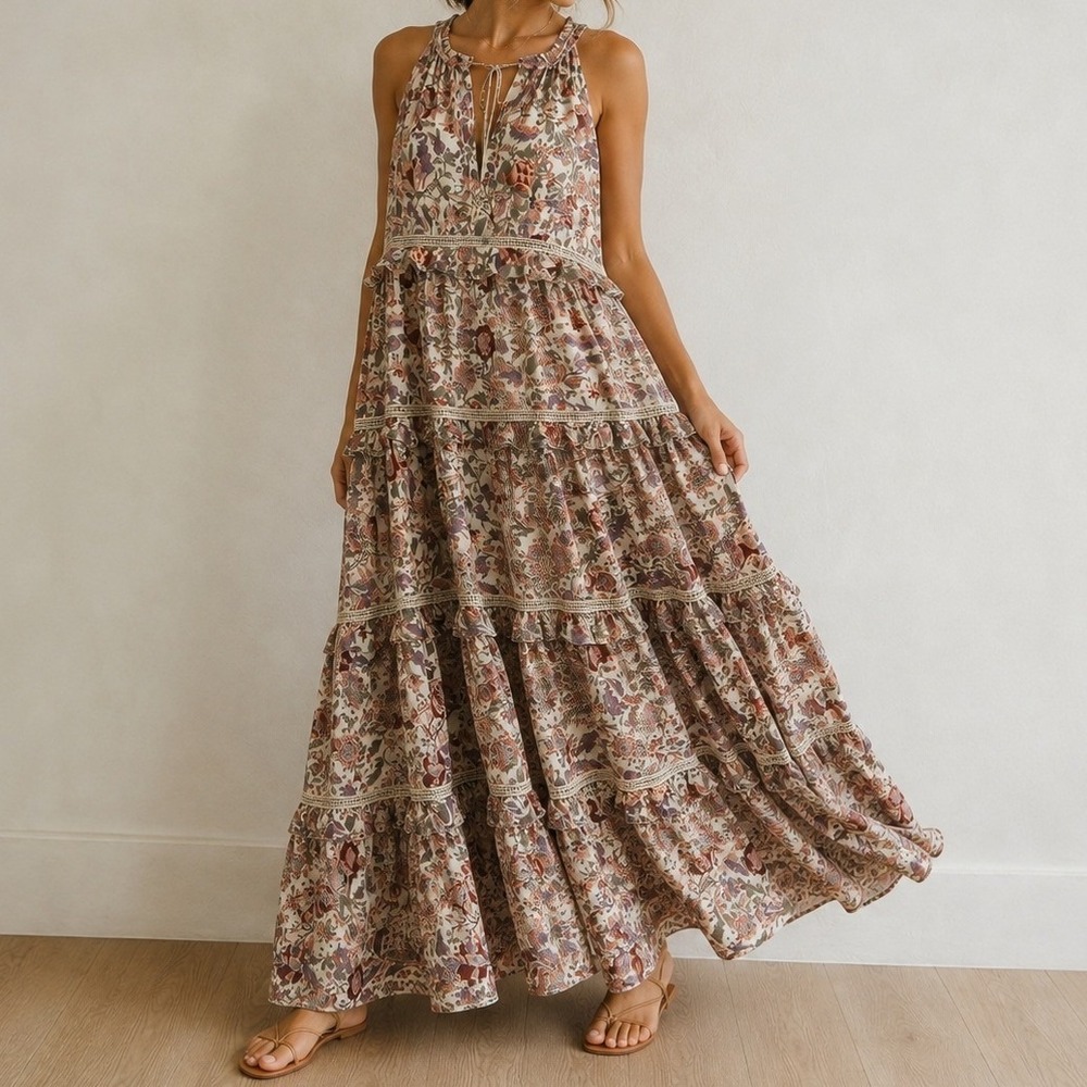 Love The Label Helena Tiered Maxi Dress S Botanical Floral Ruffle Boho